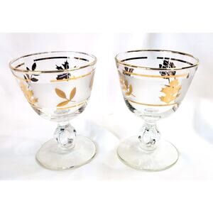 2 Vintage Gold Oak Leaf Frosted Short Stem Wine Water Glasses MCM Footed Goblets